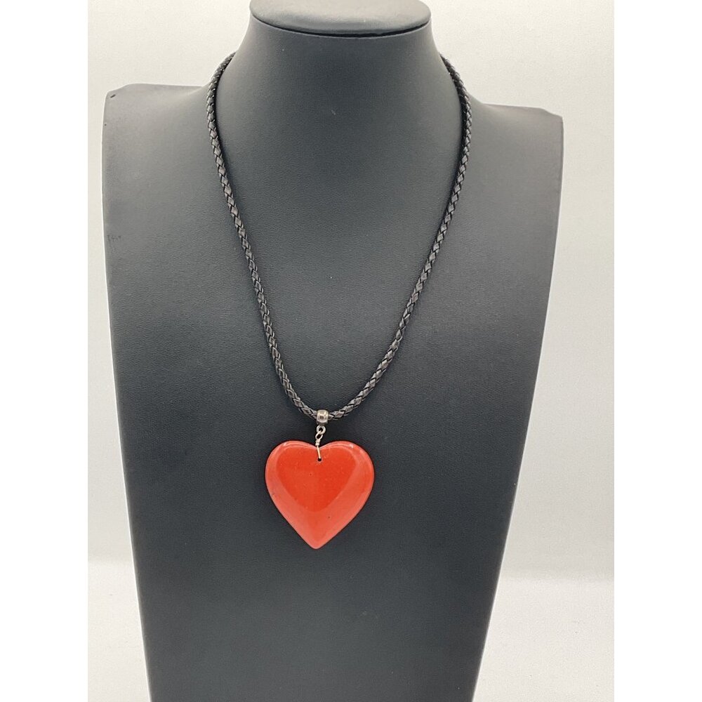 Red Heart Pendant Necklace With Black Braided Cord & Adjustable Chain